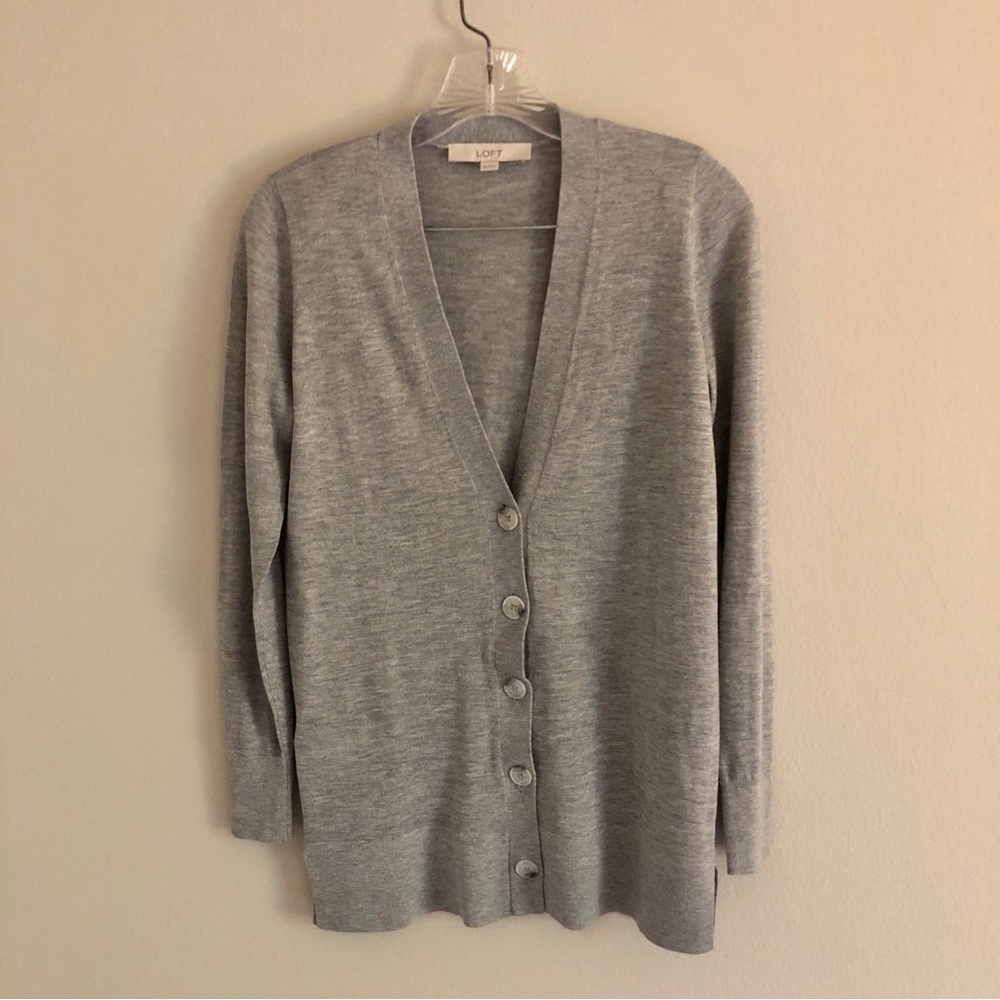 LOFT Long Gray V-Neck Wool Blend Cardigan Sweater